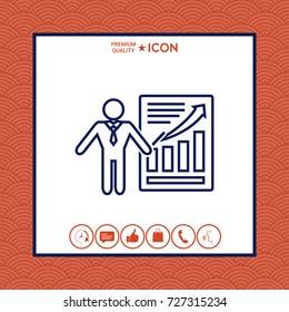 Presentation sign icon. Man standing with pointer near the infographic. Line icon.