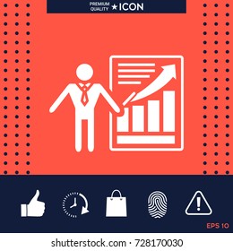 Presentation sign icon. Man standing with pointer near the infographic