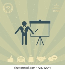 Presentation sign icon. Man standing with pointer near the flip chart. Blank empty billboard symbol