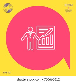Presentation sign icon. Man standing with pointer near the infographic. Line icon.