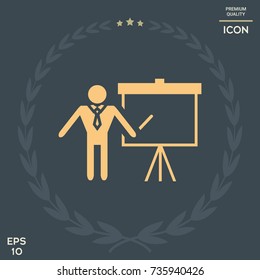 Presentation sign icon. Man standing with pointer near the flip chart. Blank empty billboard symbol