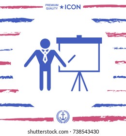 Presentation sign icon. Man standing with pointer near the flip chart. Blank empty billboard symbol