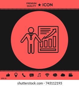 Presentation sign icon. Man standing with pointer near the infographic. Line icon.
