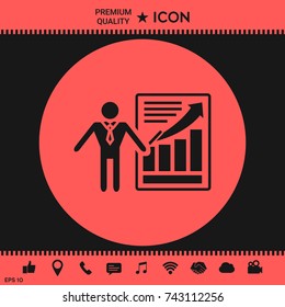 Presentation sign icon. Man standing with pointer near the infographic