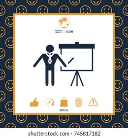 Presentation sign icon. Man standing with pointer near the flip chart. Blank empty billboard symbol