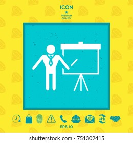 Presentation sign icon. Man standing with pointer near the flip chart. Blank empty billboard symbol