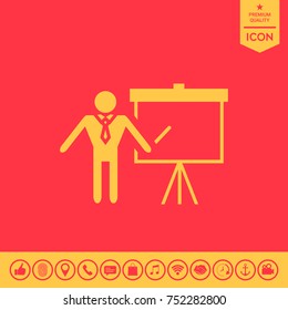 Presentation sign icon. Man standing with pointer near the flip chart. Blank empty billboard symbol