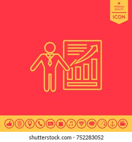 Presentation sign icon. Man standing with pointer near the infographic. Line icon.