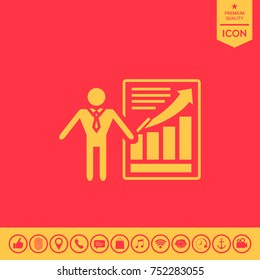 Presentation sign icon. Man standing with pointer near the infographic