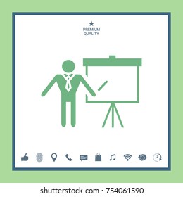 Presentation sign icon. Man standing with pointer near the flip chart. Blank empty billboard symbol