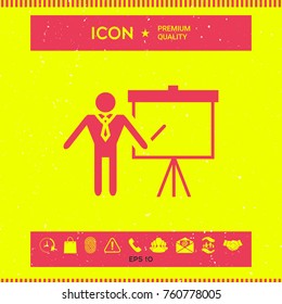 Presentation sign icon. Man standing with pointer near the flip chart. Blank empty billboard symbol