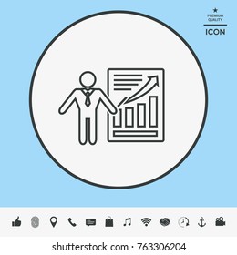 Presentation sign icon. Man standing with pointer near the infographic. Line icon.