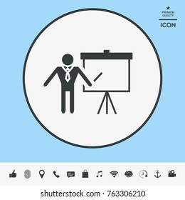 Presentation sign icon. Man standing with pointer near the flip chart. Blank empty billboard symbol