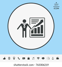 Presentation sign icon. Man standing with pointer near the infographic