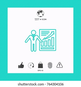 Presentation sign icon. Man standing with pointer near the infographic. Line icon.