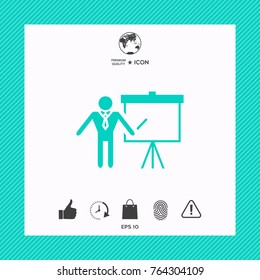 Presentation sign icon. Man standing with pointer near the flip chart. Blank empty billboard symbol