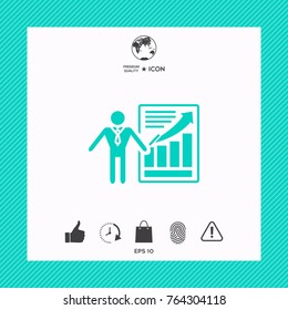 Presentation sign icon. Man standing with pointer near the infographic