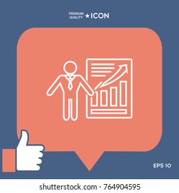 Presentation sign icon. Man standing with pointer near the infographic. Line icon.