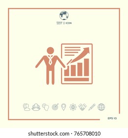 Presentation sign icon. Man standing with pointer near the infographic