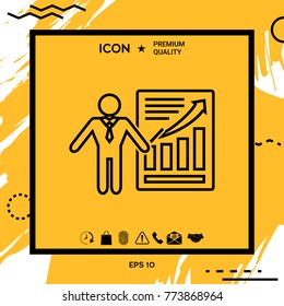 Presentation sign icon. Man standing with pointer near the infographic. Line icon.