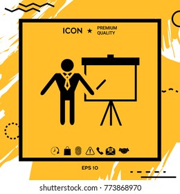 Presentation sign icon. Man standing with pointer near the flip chart. Blank empty billboard symbol