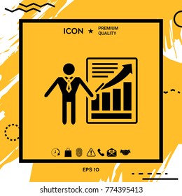 Presentation sign icon. Man standing with pointer near the infographic
