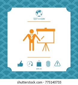 Presentation sign icon. Man standing with pointer near the flip chart. Blank empty billboard symbol
