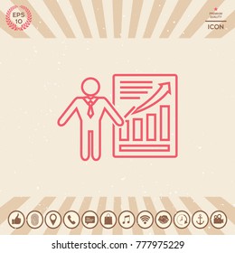 Presentation sign icon. Man standing with pointer near the infographic. Line icon.