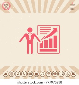 Presentation sign icon. Man standing with pointer near the infographic