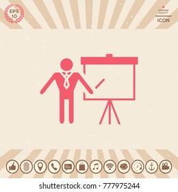 Presentation sign icon. Man standing with pointer near the flip chart. Blank empty billboard symbol