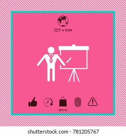 Presentation sign icon. Man standing with pointer near the flip chart. Blank empty billboard symbol