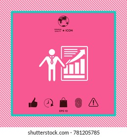 Presentation sign icon. Man standing with pointer near the infographic