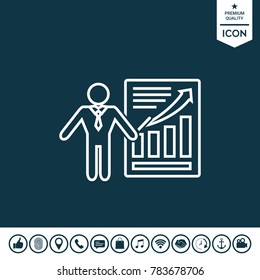 Presentation sign icon. Man standing with pointer near the infographic. Line icon.