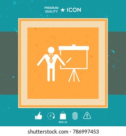 Presentation sign icon. Man standing with pointer near the flip chart. Blank empty billboard symbol
