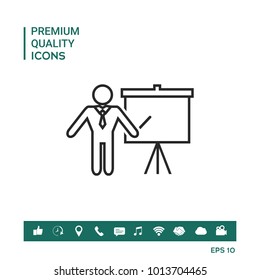 Presentation sign - line icon. Man standing with pointer near the flip chart. Blank empty billboard symbol