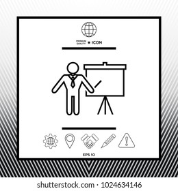 Presentation sign - line icon. Man standing with pointer near the flip chart. Blank empty billboard symbol