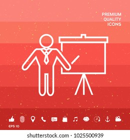 Presentation sign - line icon. Man standing with pointer near the flip chart. Blank empty billboard symbol