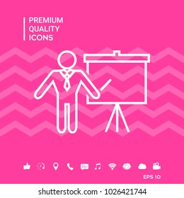 Presentation sign - line icon. Man standing with pointer near the flip chart. Blank empty billboard symbol