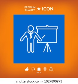 Presentation sign - line icon. Man standing with pointer near the flip chart. Blank empty billboard symbol