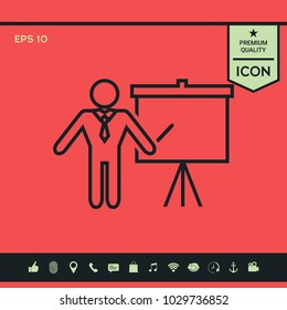 Presentation sign - line icon. Man standing with pointer near the flip chart. Blank empty billboard symbol