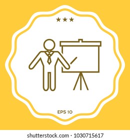 Presentation sign - line icon. Man standing with pointer near the flip chart. Blank empty billboard symbol