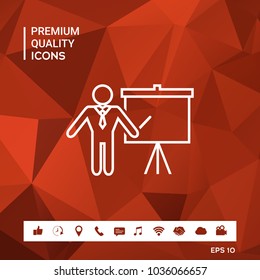 Presentation sign - line icon. Man standing with pointer near the flip chart. Blank empty billboard symbol