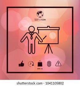 Presentation sign - line icon. Man standing with pointer near the flip chart. Blank empty billboard symbol