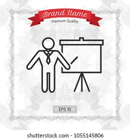 Presentation sign - line icon. Man standing with pointer near the flip chart. Blank empty billboard symbol