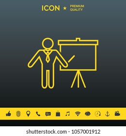 Presentation sign - line icon. Man standing with pointer near the flip chart. Blank empty billboard symbol