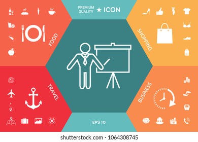 Presentation sign - line icon. Man standing with pointer near the flip chart. Blank empty billboard symbol