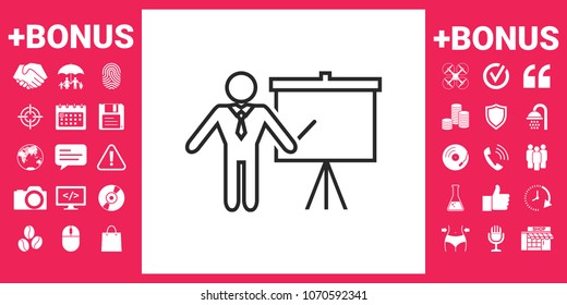Presentation sign - line icon. Man standing with pointer near the flip chart. Blank empty billboard symbol