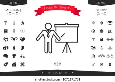 Presentation sign - line icon. Man standing with pointer near the flip chart. Blank empty billboard symbol