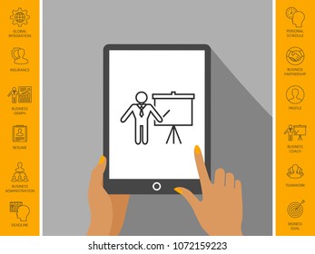 Presentation sign - line icon. Man standing with pointer near the flip chart. Blank empty billboard symbol