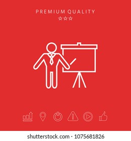Presentation sign - line icon. Man standing with pointer near the flip chart. Blank empty billboard symbol